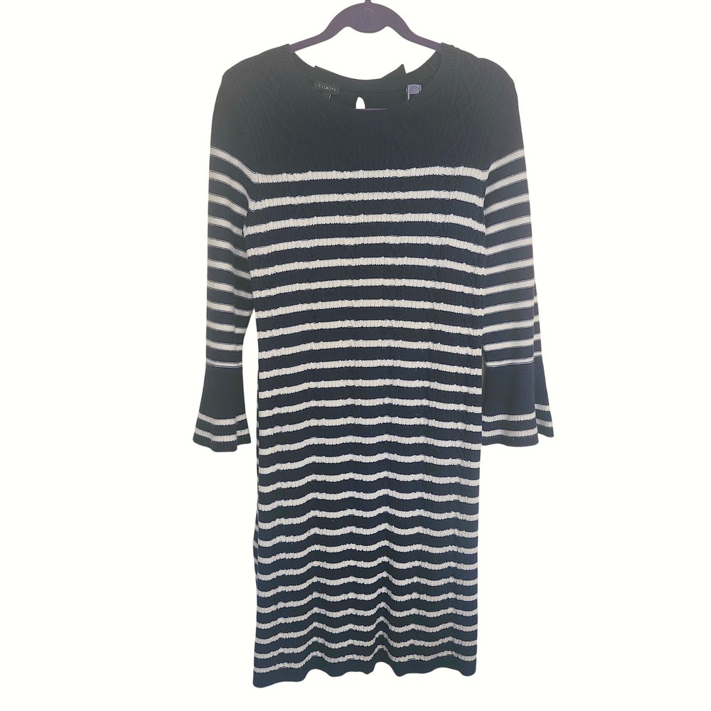 Talbots Navy White Breton Stripe Cable Knit Sweater Dress Med Nautical Coastal